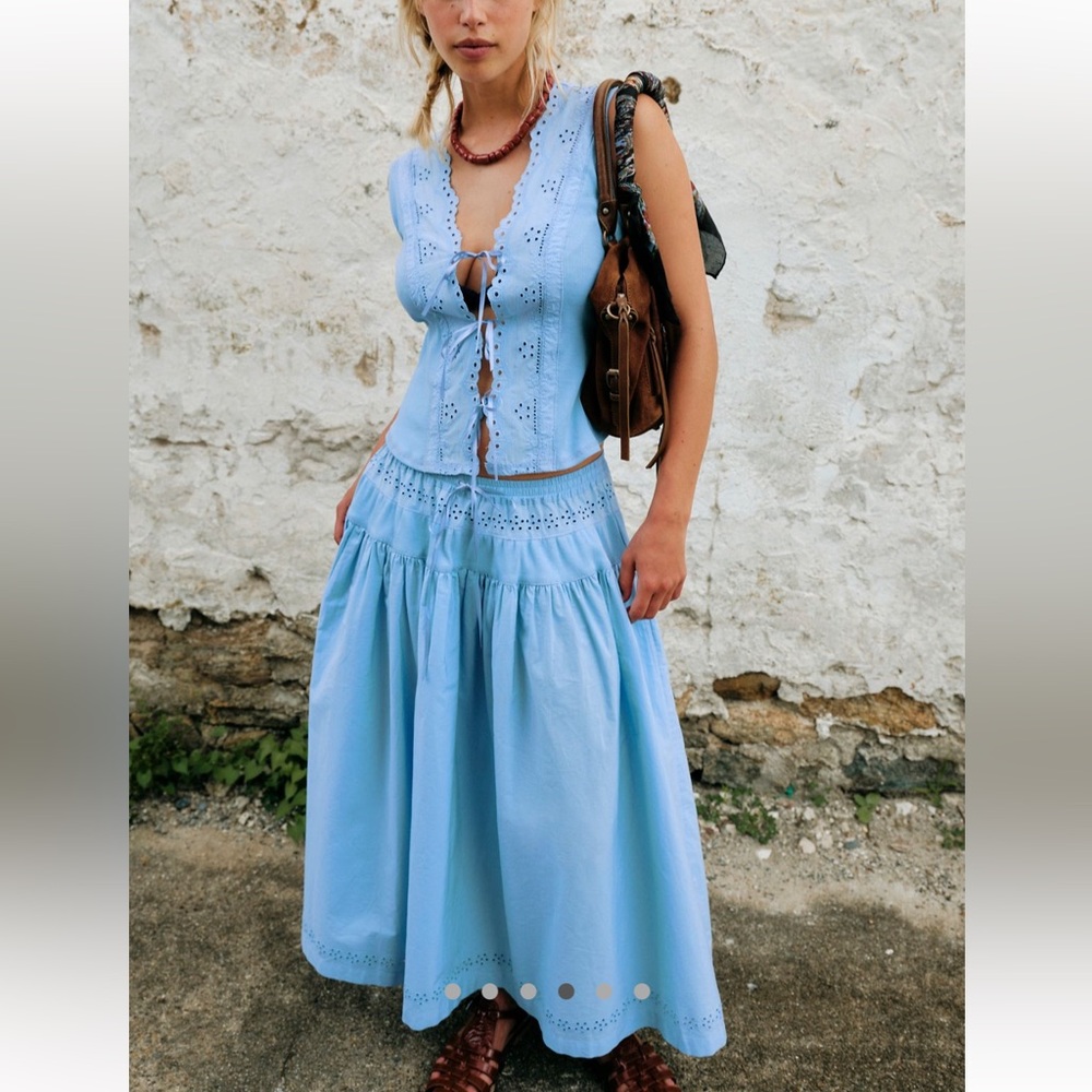 Free People Gesibelle Cotton Eyelet Tie Front Sleeveless Vest Maxi Skirt Set